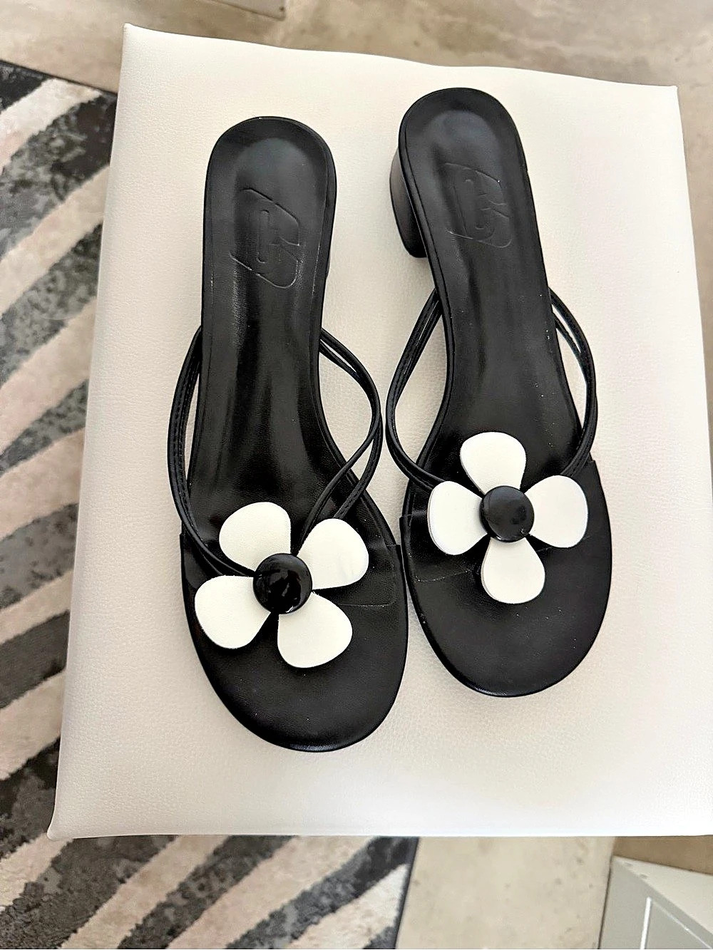 Floral Black & White Heeled Mules Like New